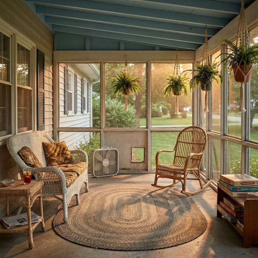 A Screened-In Porch Cluttered With Old Wicker Furniture and Yesterday's Newspaper