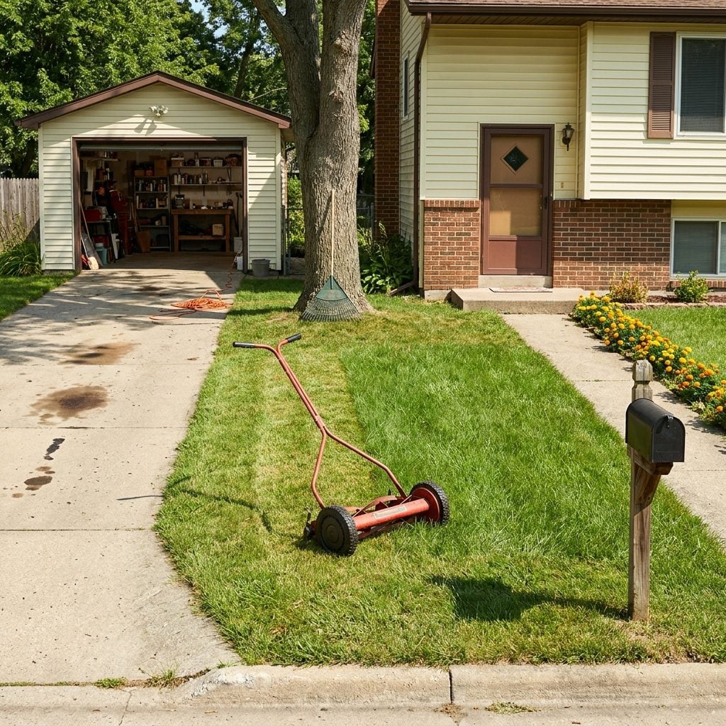 A Lawn Mower Parked Right There in the Open Yard Because Nobody Locked Up Anything