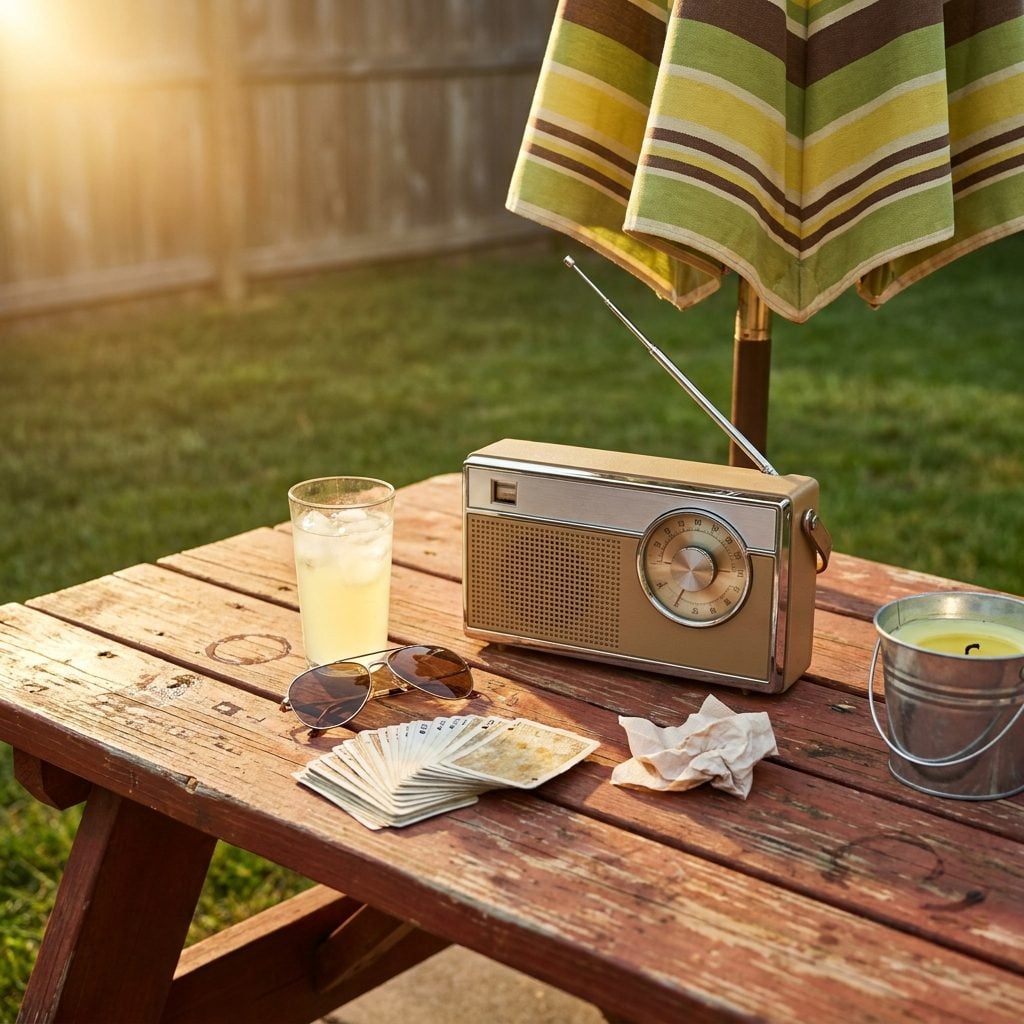 A Transistor Radio Playing AM Hits From Somewhere Near the Patio Table