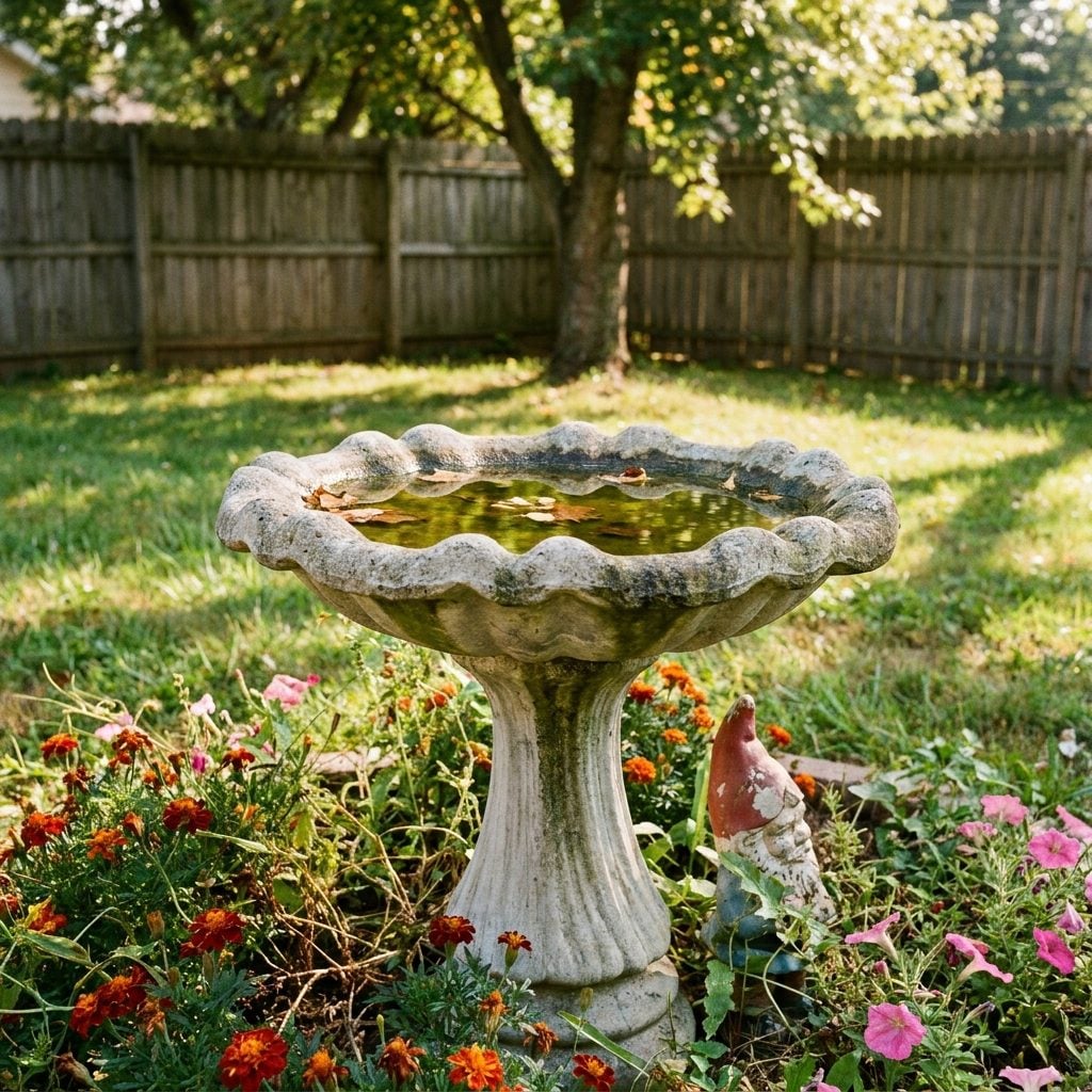 The Concrete Birdbath Slowly Turning Green from Years of Cheerful Neglect