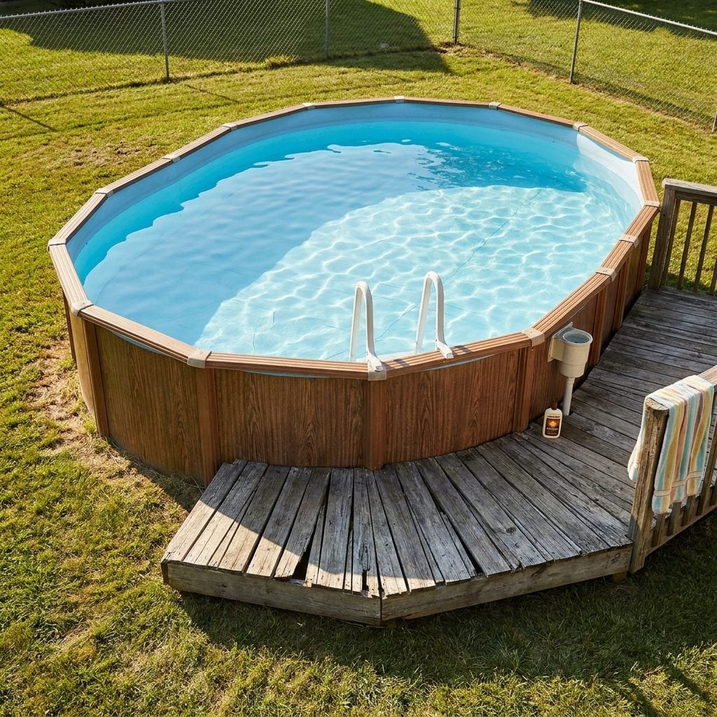 The Above-Ground Pool Surrounded by Splintering Wood Decking