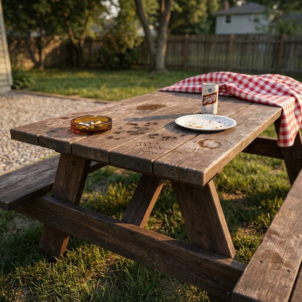 The Dark-Stained Picnic Table Covered in Cigarette Burns and Carved Initials