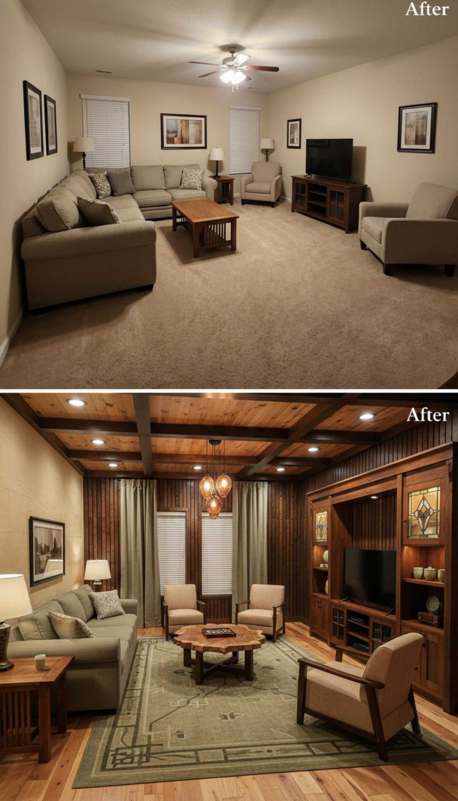 Coffered Pine Ceiling, Stained Bead Board Walls, and Built-Ins That Pull It Together