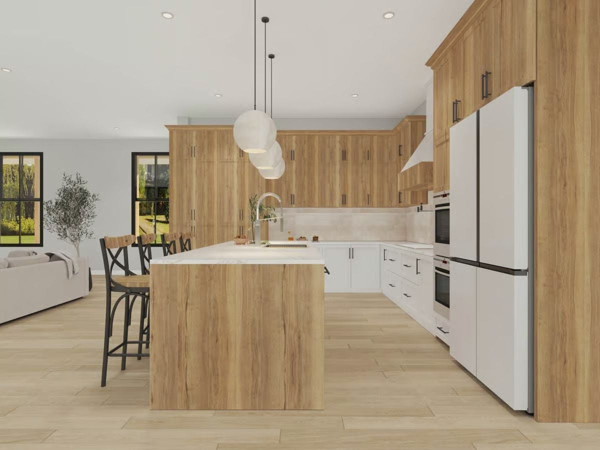 Warm Wood Panels and White Cabinetry Pull Off a Two-Tone Kitchen Worth Copying