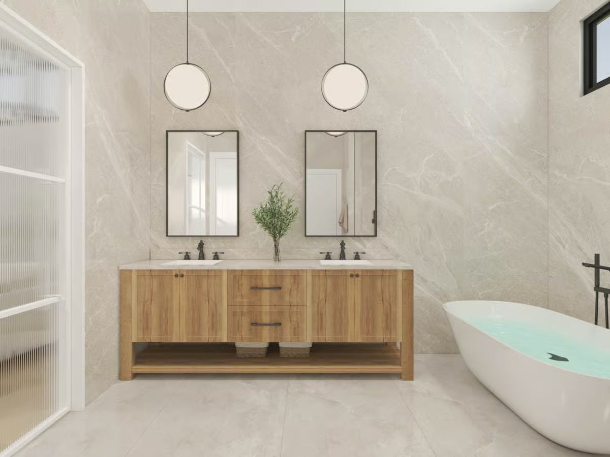 Double Vanities and Warm Oak Cabinets That Actually Earn the Spa Label
