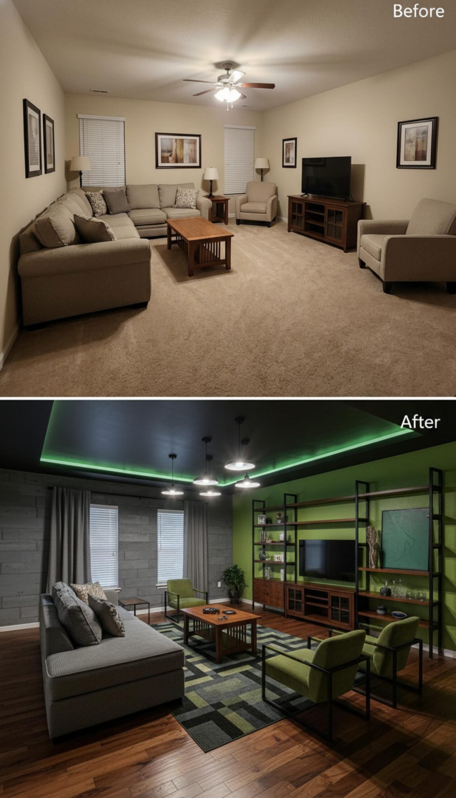 Green Accent Wall, Tray Ceiling LED Strip, and Industrial Shelving Built for the Long Game