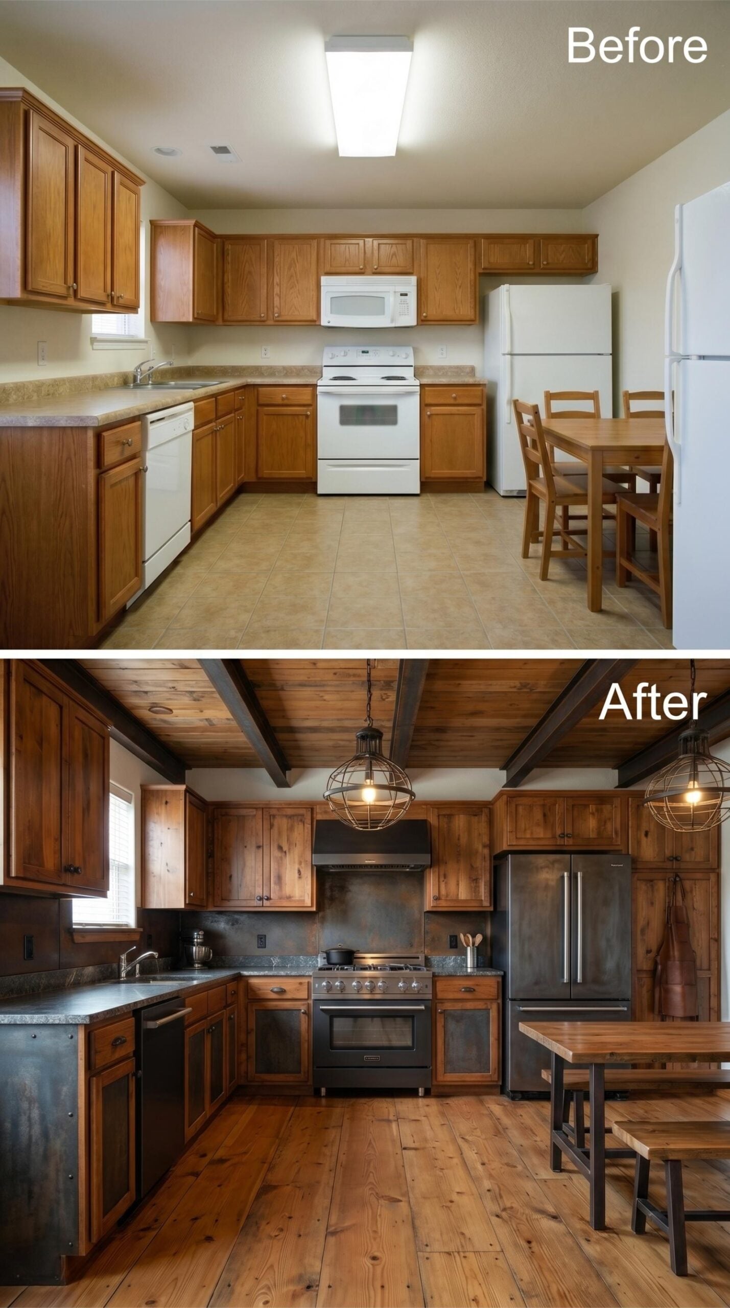 Knotty Alder Cabinets, Exposed Ceiling Beams, and Industrial Cage Pendants That Mean Business