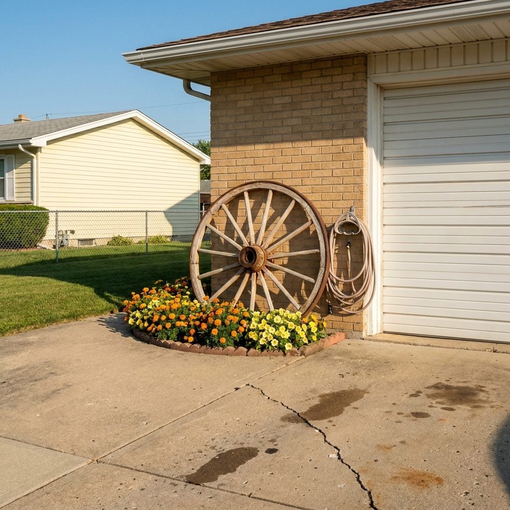 Decorative Wooden Wagon Wheels Leaned Against the Garage or Flower Beds