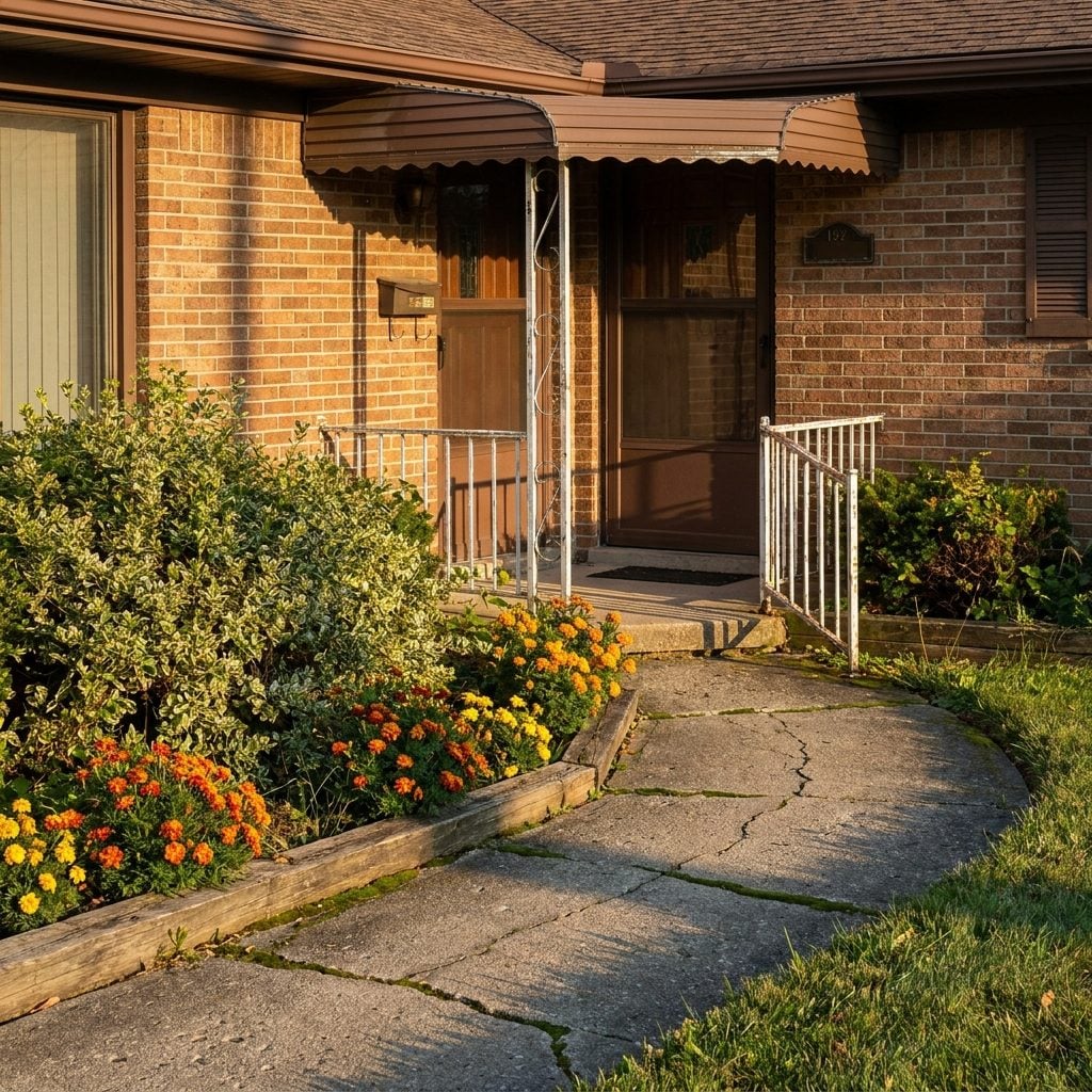 The Curved Concrete Path with Aluminum Railings Leading Up to the Porch
