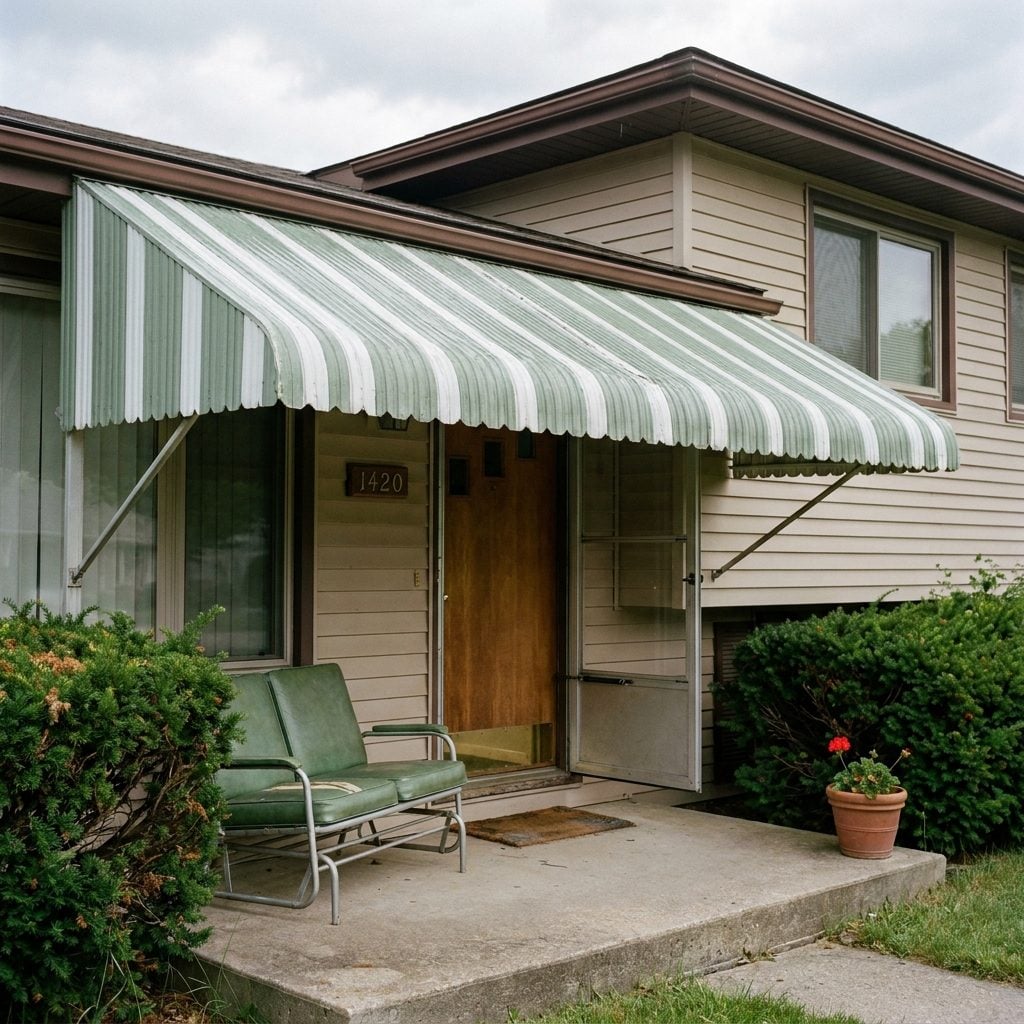 Porch Awnings in Green-and-White Striped Aluminum That Rattled When It Rained