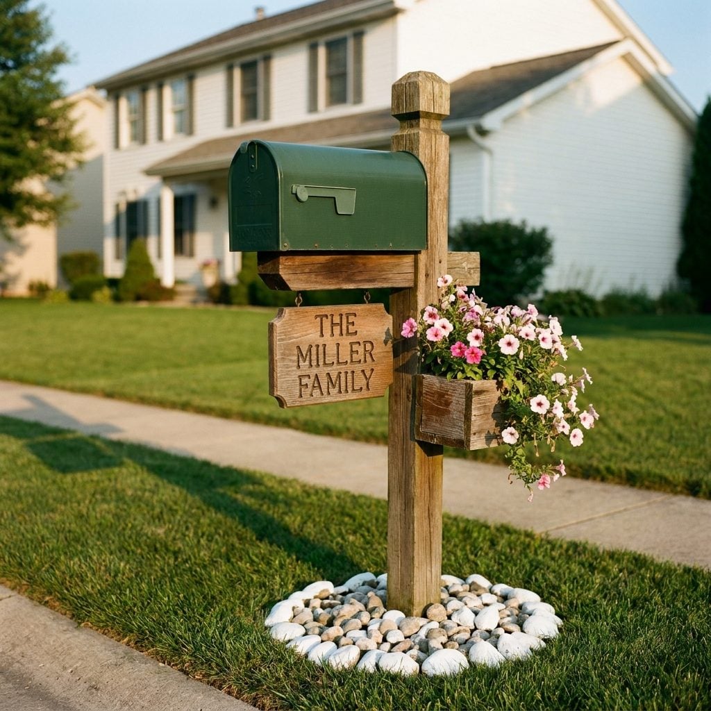 Mailbox Posts Decorated with Carved Family Names or Little Flower Boxes