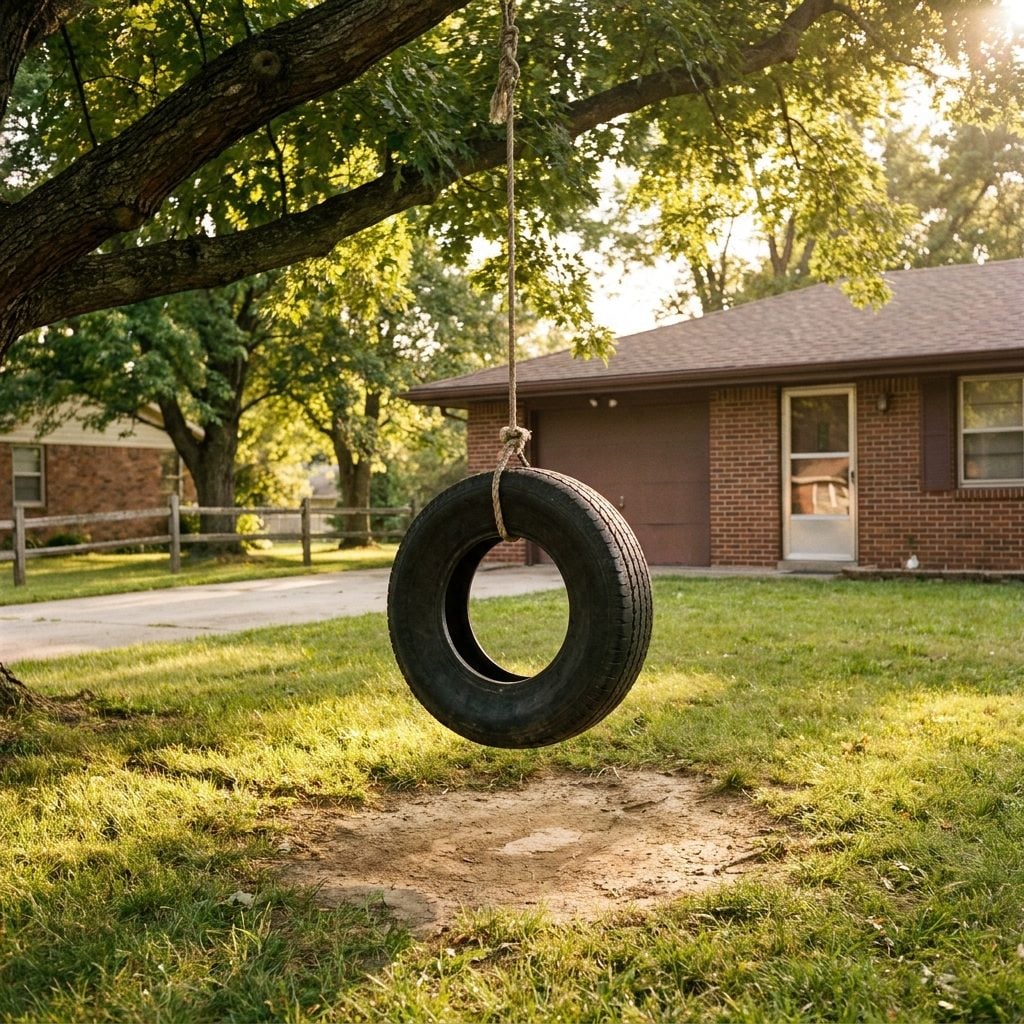A Tire Swing Hanging from the Biggest Tree in the Yard