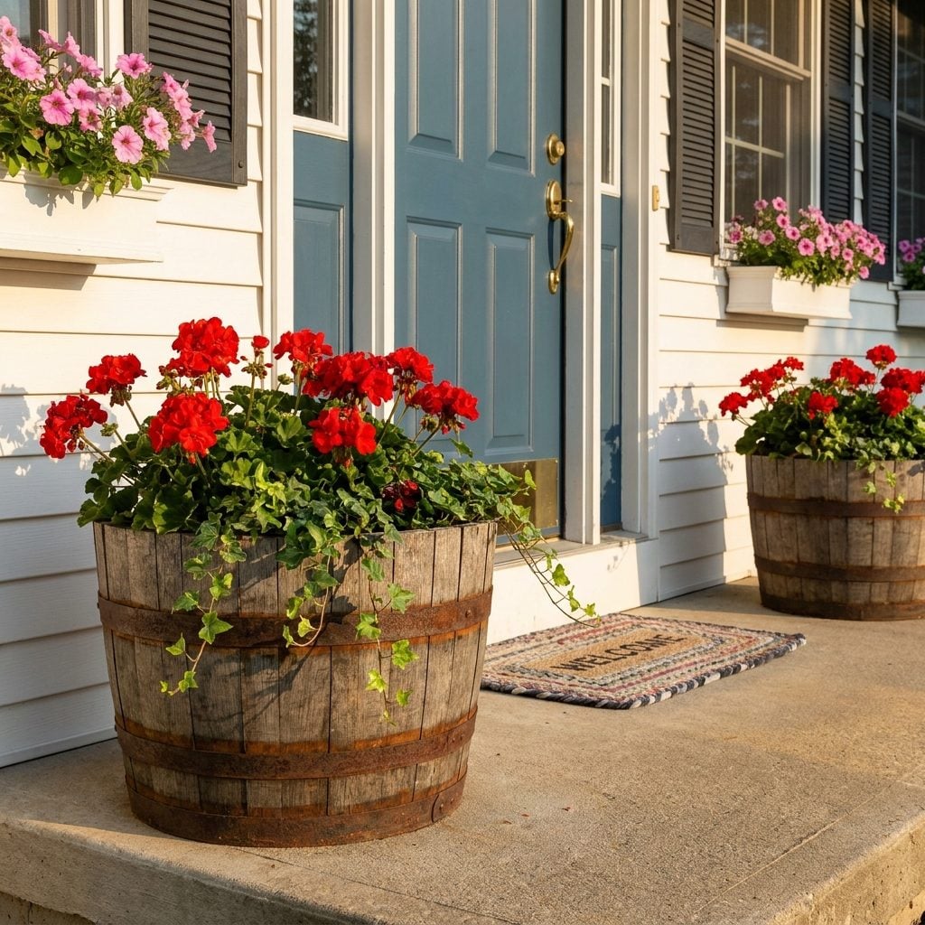 The Wooden Half-Barrel Planter Overflowing with Red Geraniums by Every Front Door
