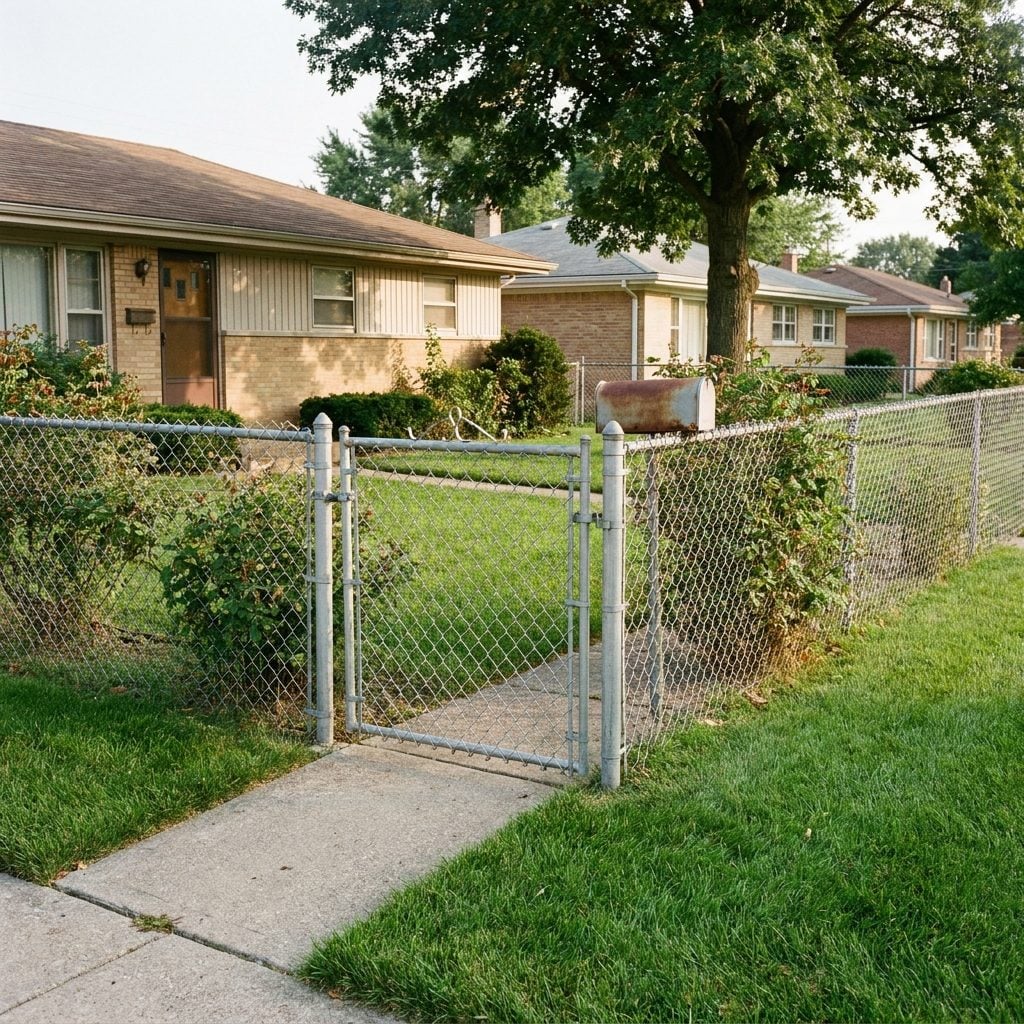 Chain-Link Fences Enclosing Front Lawns in Older Suburban Neighborhoods