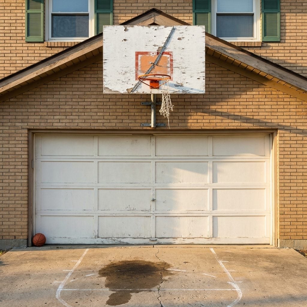 A Basketball Hoop Mounted Above the Garage With a Cracked Plywood Backboard