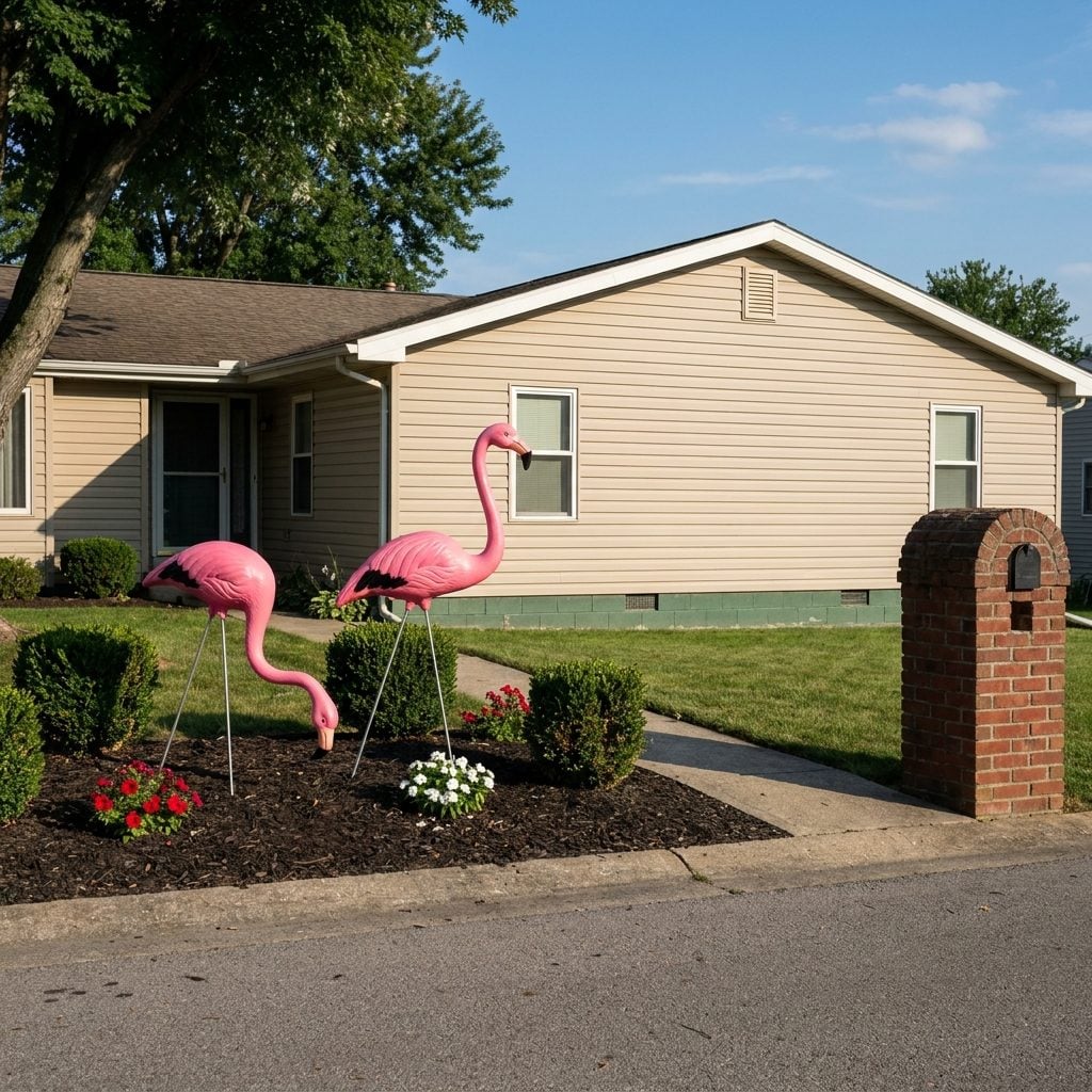 Plastic Pink Flamingos Standing Proudly Beside Shrubs and Mulch Beds