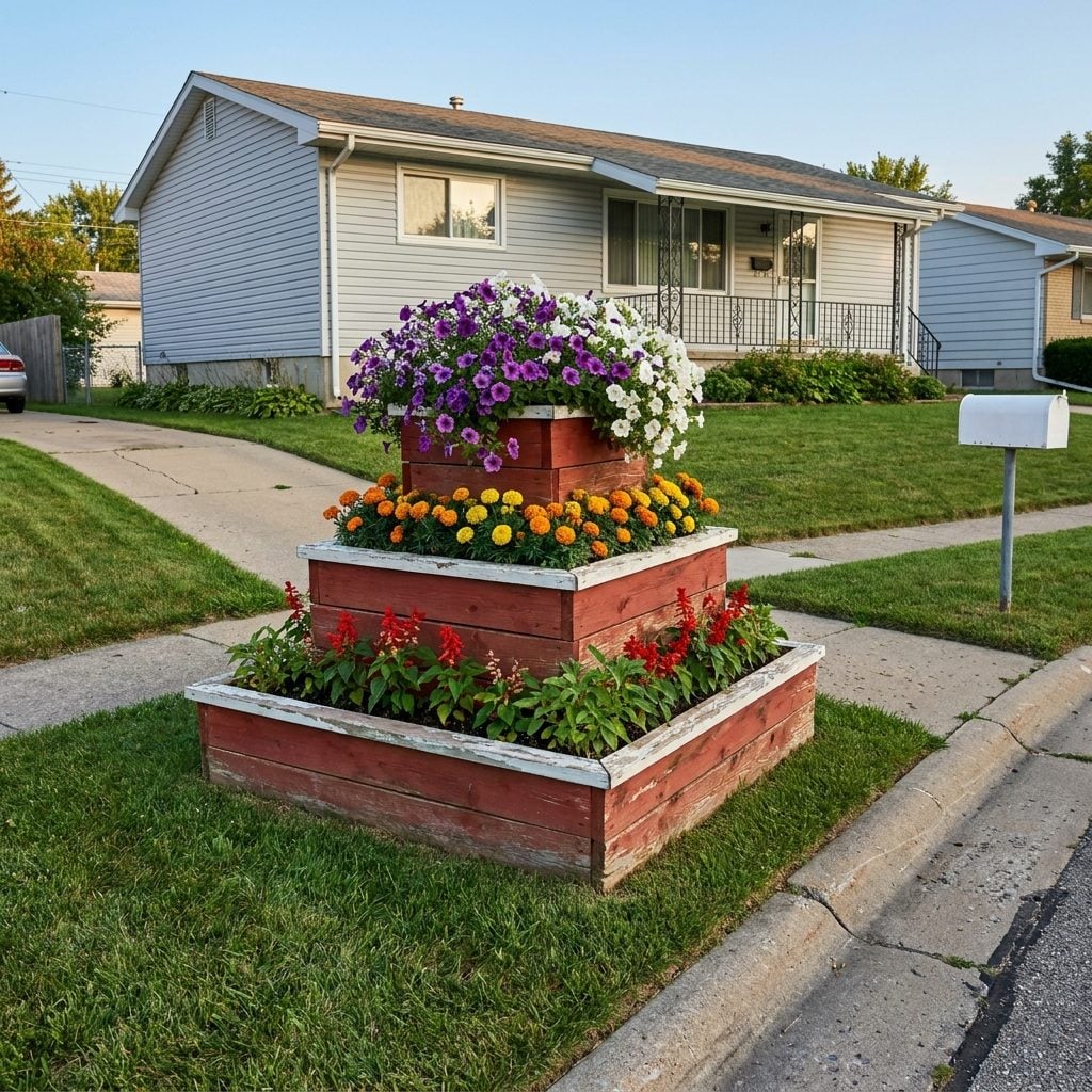 Tiered Wooden Planter Boxes Overflowing With Petunias or Marigolds