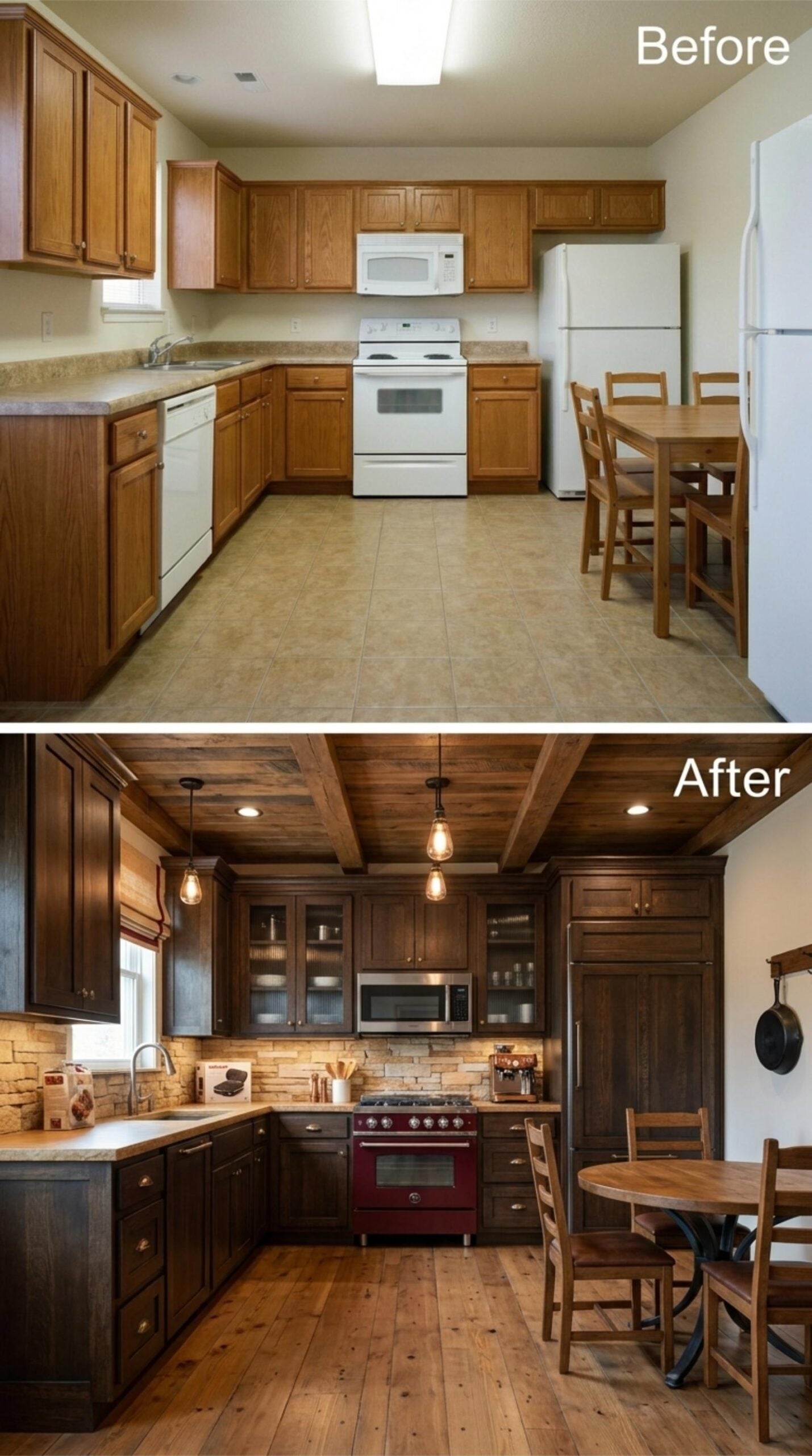 Dark Stain, Stone Backsplash, and a Red Range That Knows Exactly What It's Doing