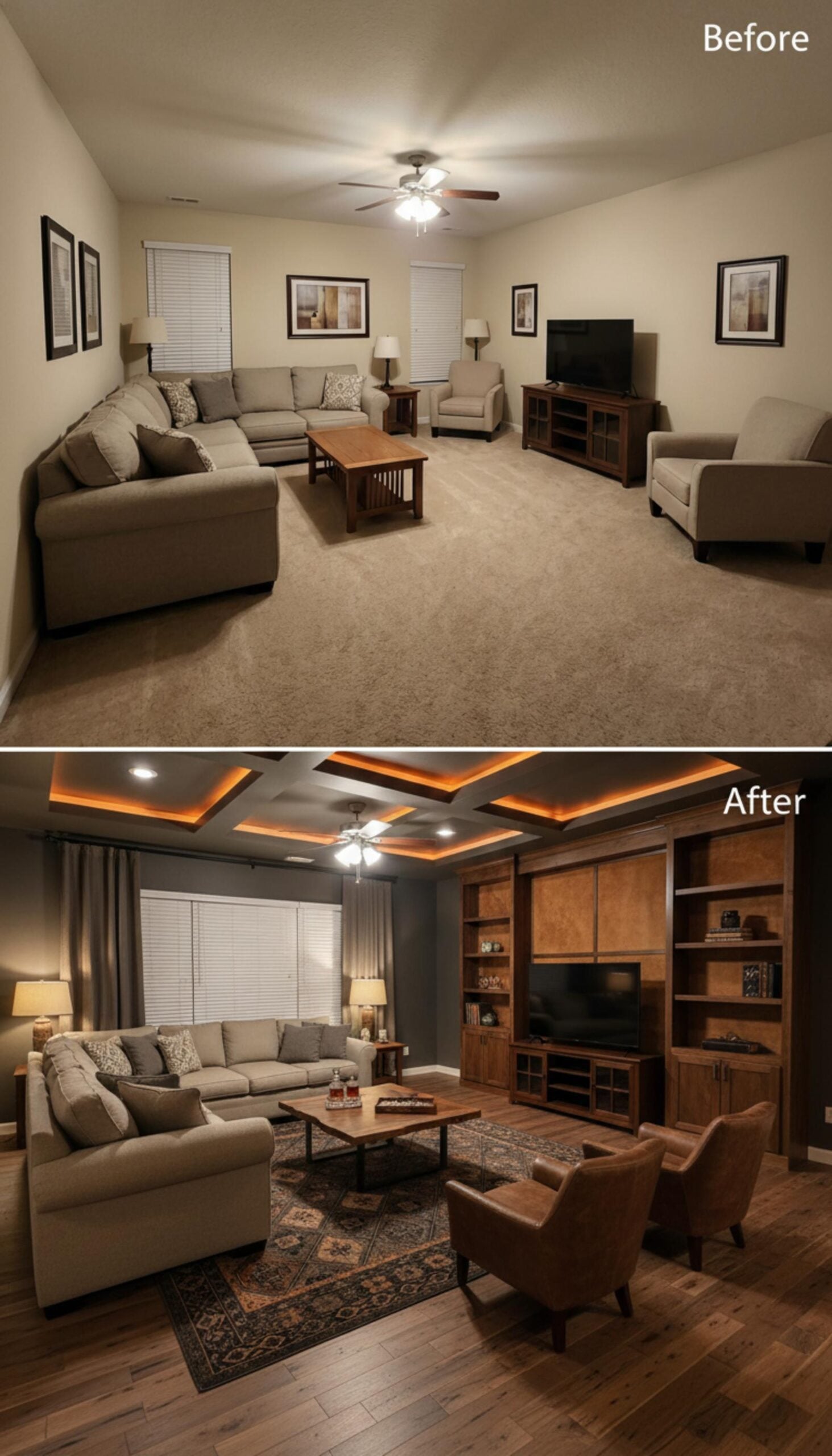 Coffered Ceiling Lighting and Built-In Shelving That Earns Its Square Footage