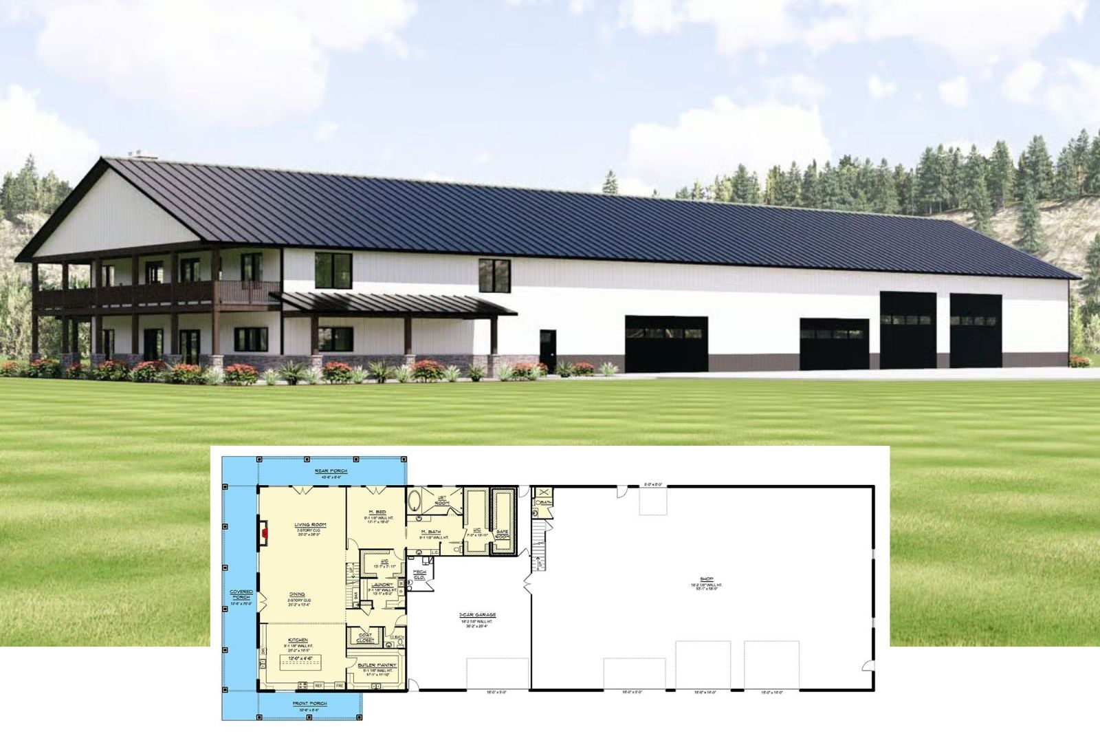 Barndominium-Style 3-Bedroom Home with 6-Car Garage and Wraparound Porch (Floor Plan)