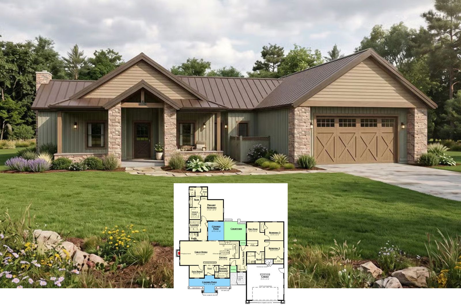 Juniper Bend 3-Bedroom Country Rancher with Fabulous Rear Courtyard Designed for Young Families Who Love to Do Things Together (Floor Plan)