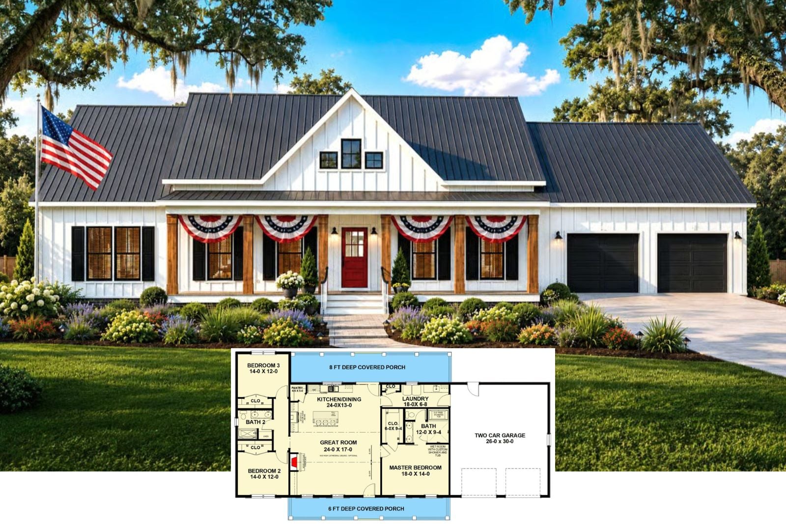 Hayfield 3-Bedroom Modern Farmhouse Spanning 1,795 Sq. Ft. Featuring Covered Porch and Great Room (Floor Plan)