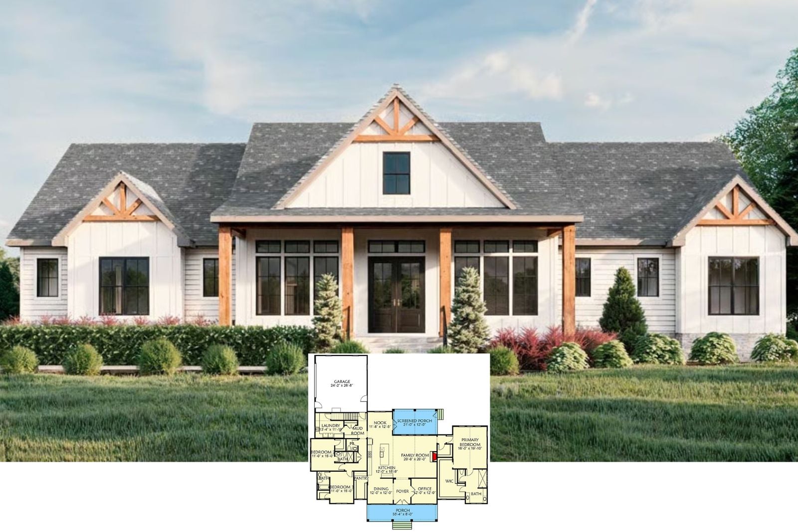 Modern Farmhouse-Style 3-Bedroom Home with Bonus Room and Screened Porch (Floor Plan)