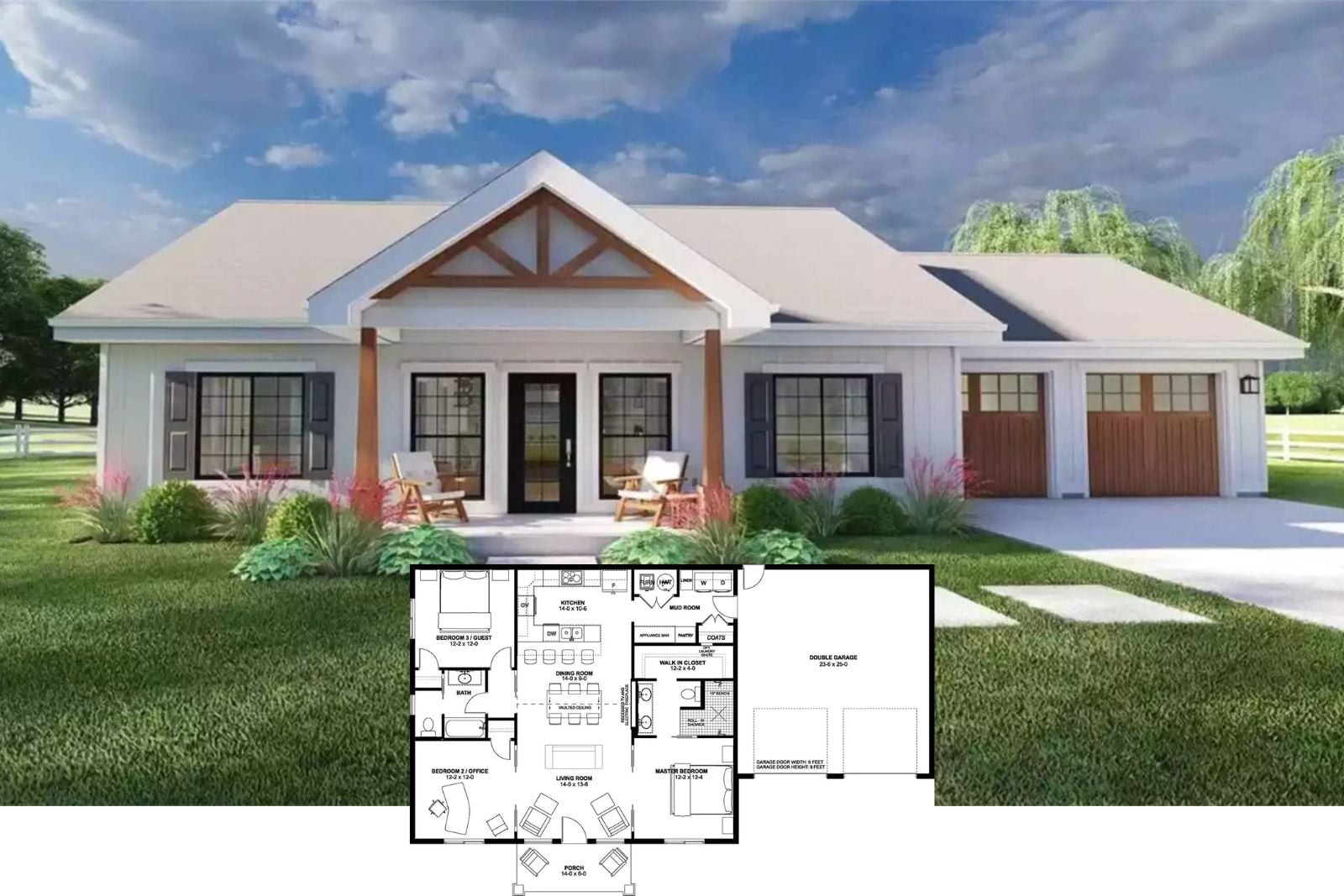 Juniper Bend 3-Bedroom Ranch with Front Porch and Flex Room in a 3-Column “Bigger-Than-It-Looks” Layout (Floor Plan)