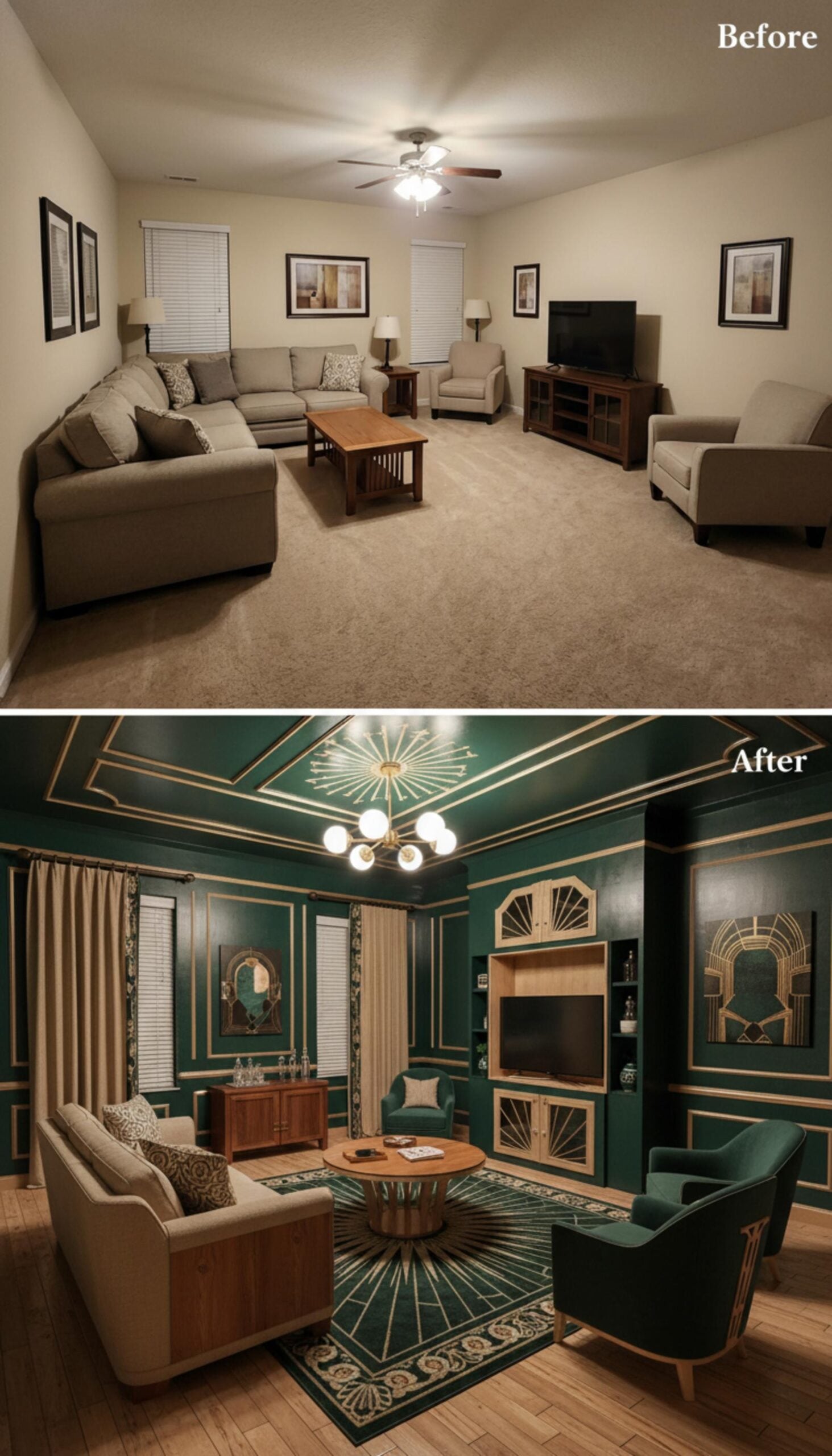 Deep Green Walls, Gold Molding, and an Art Deco Ceiling That Demands Attention