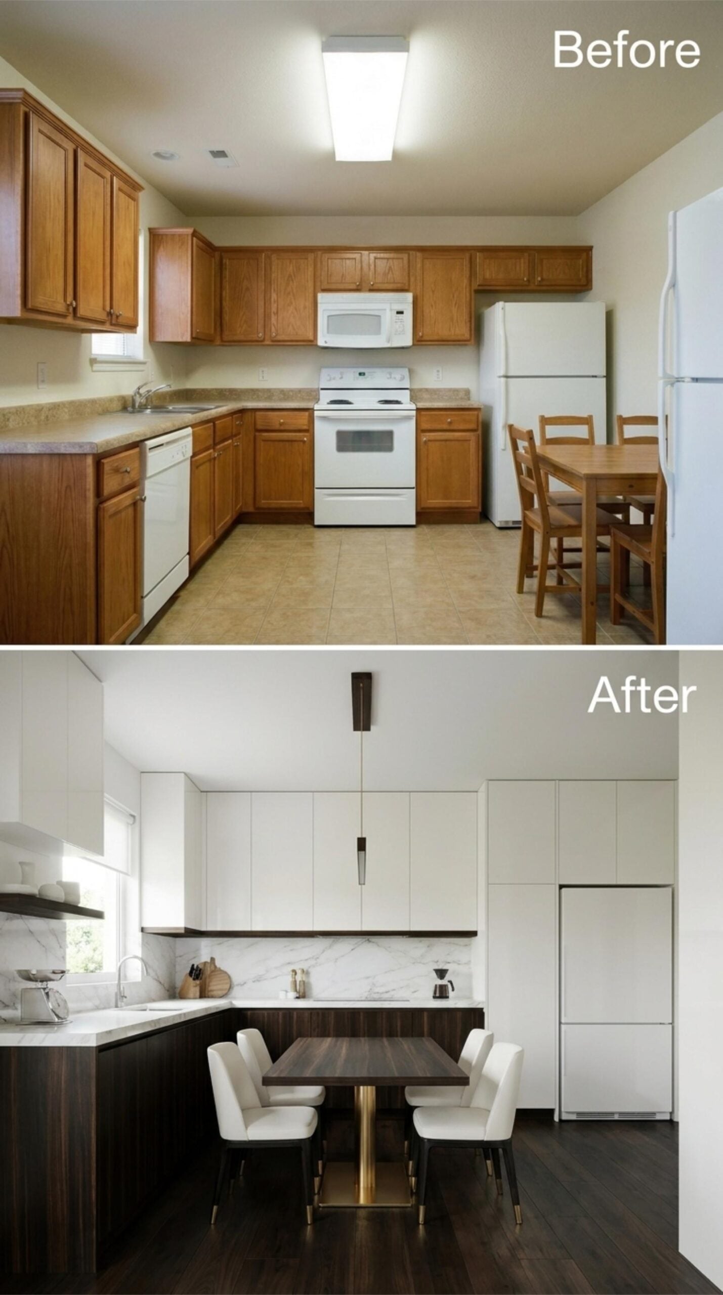 Flat-Front White Uppers, Walnut Lowers, and a Marble Backsplash That Earns the Drama