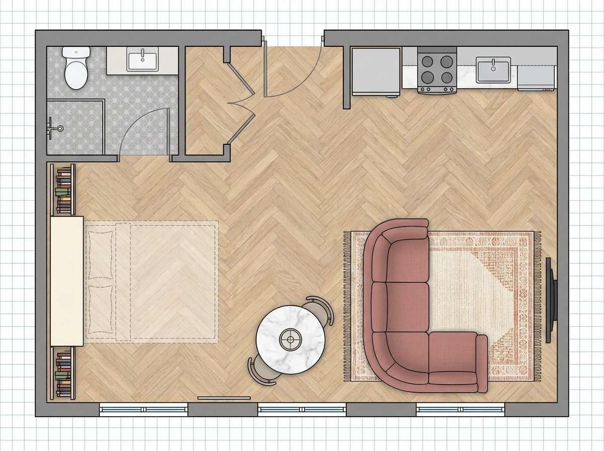 Courtyard-Facing Garage Apartment with Wraparound Built-Ins and Murphy Bed Alcove