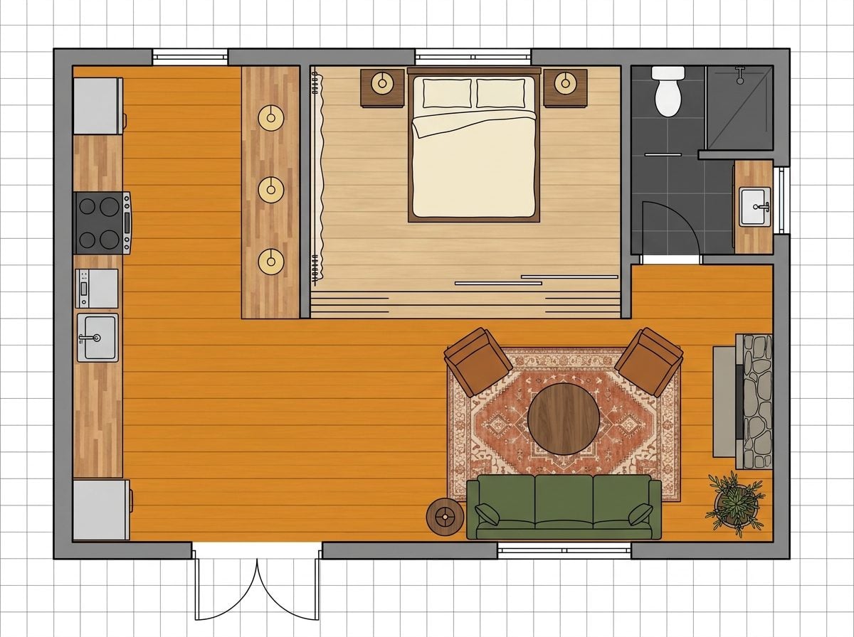 Split-Level Garage Conversion with Sunken Living Room and Raised Bedroom Platform