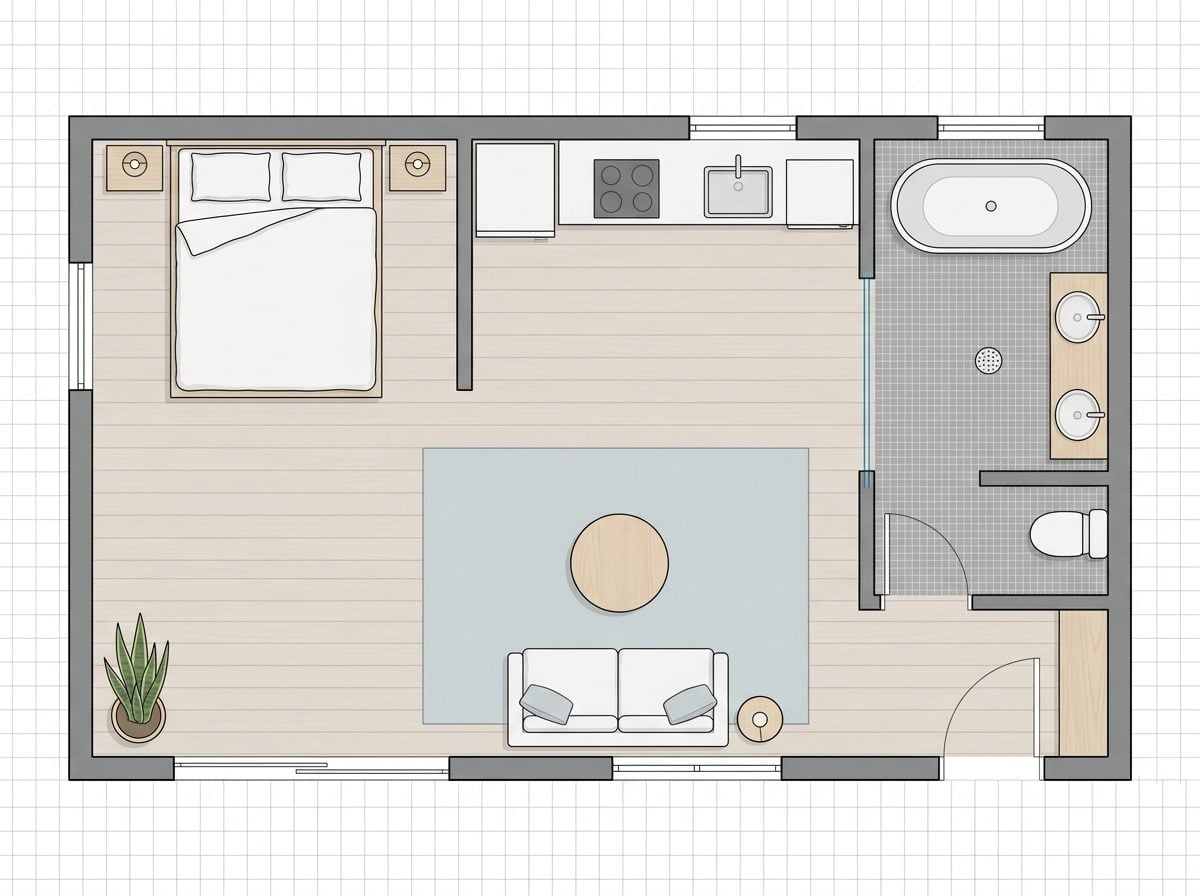 Scandinavian Minimalist Garage Apartment with Freestanding Bathtub and Open Wet Room