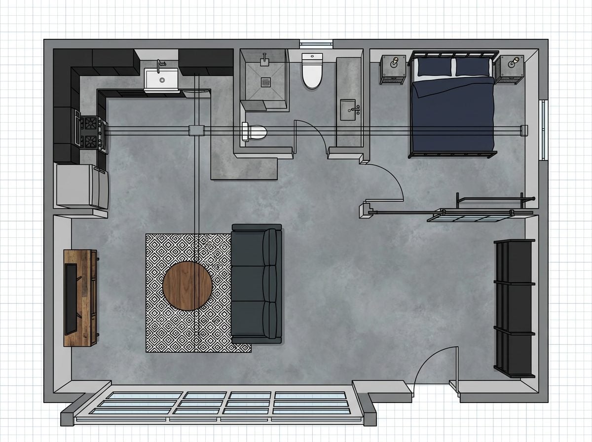 Industrial Chic Garage-to-Apartment with Exposed Ductwork Ceiling and Polished Concrete Floors