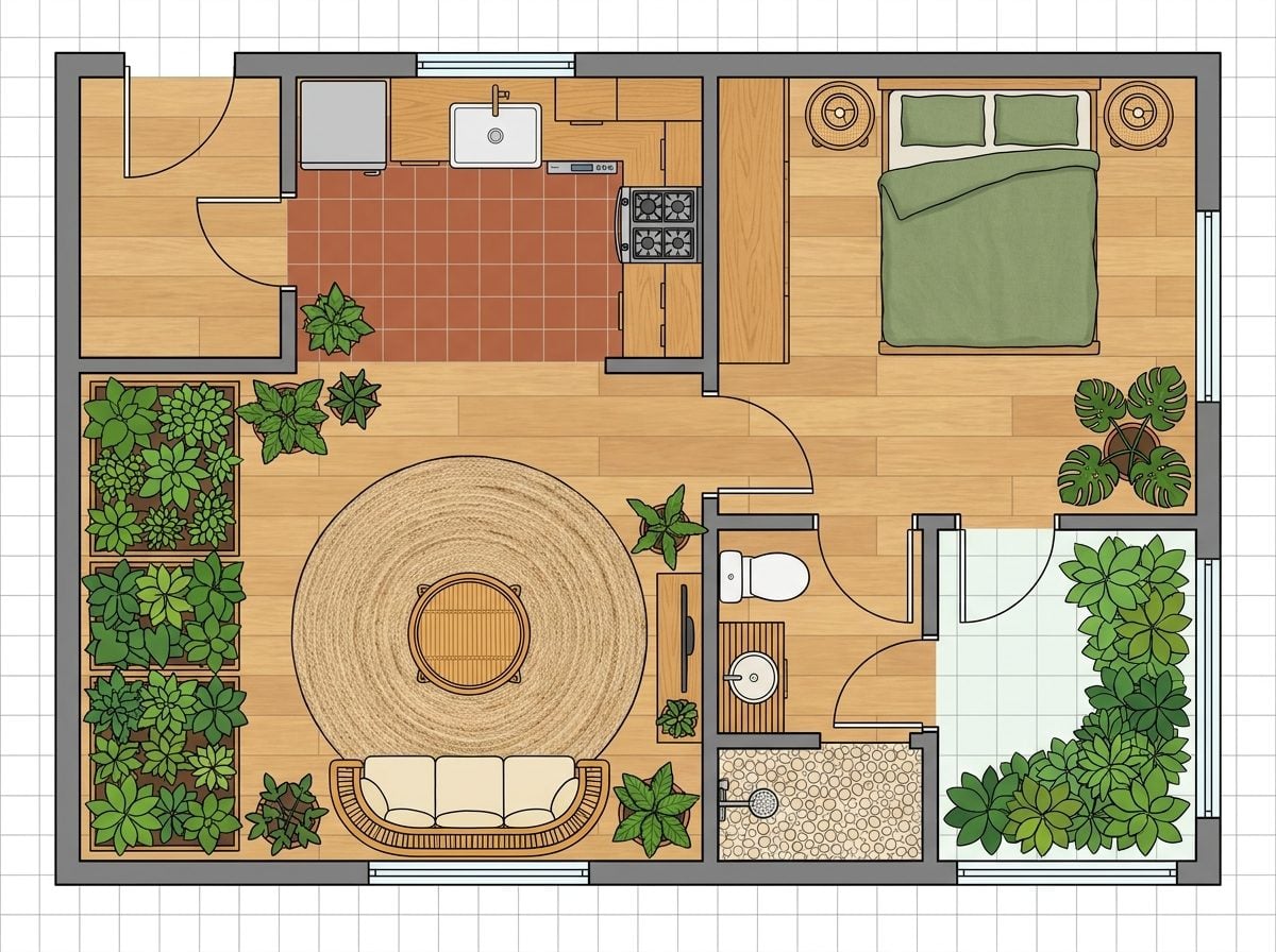 Biophilic Garage Apartment with Indoor Garden Wall, Corner Greenhouse Nook, and Warm Rattan Living Zone
