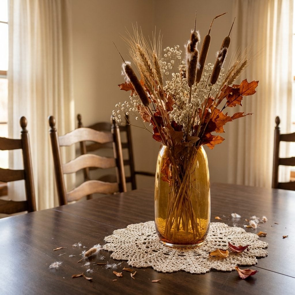 The Centerpiece of Dried Flowers and Cattails That Shed Quietly Onto the Table for Months