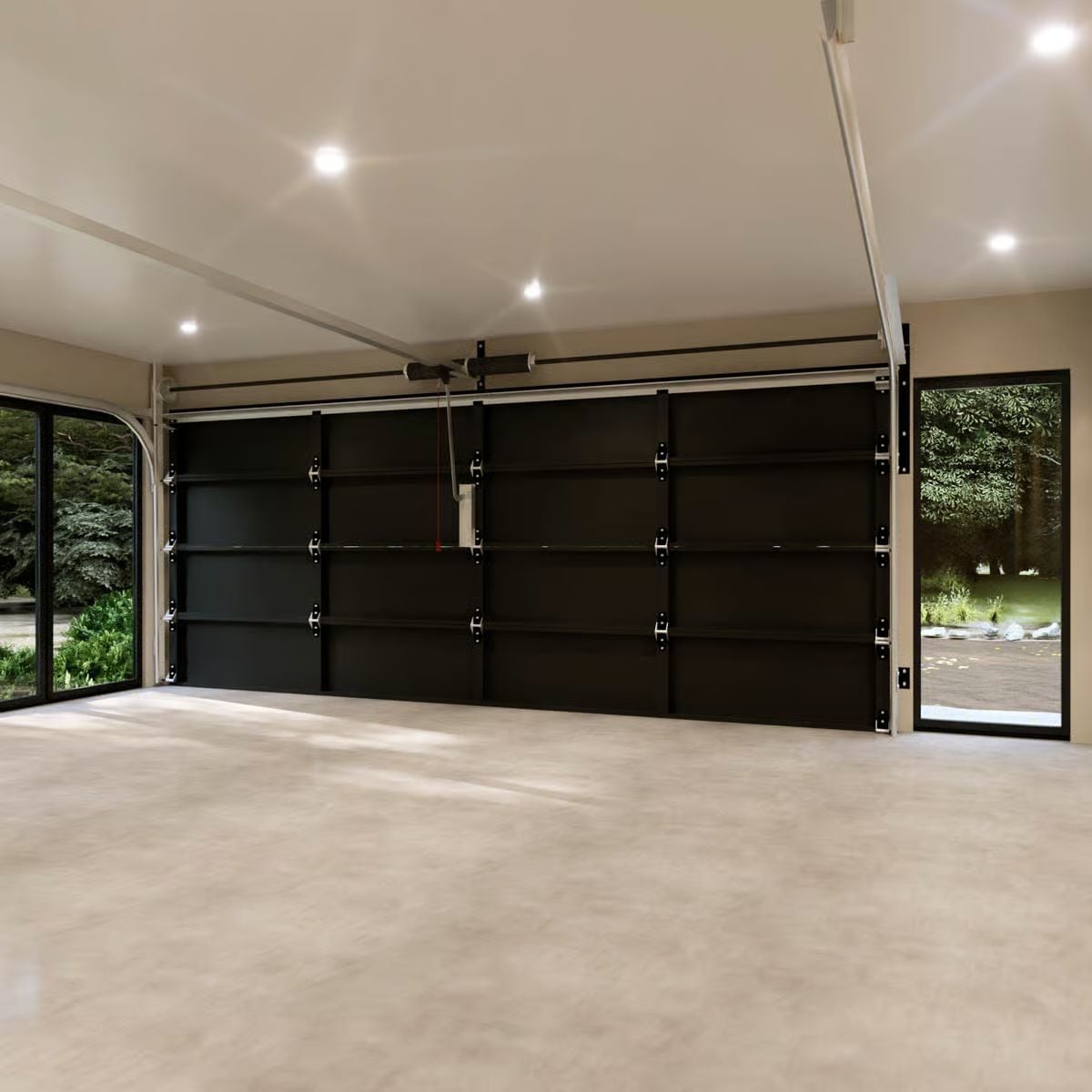Recessed Lighting and a Dark Sectional Door Make This Garage Feel Intentional