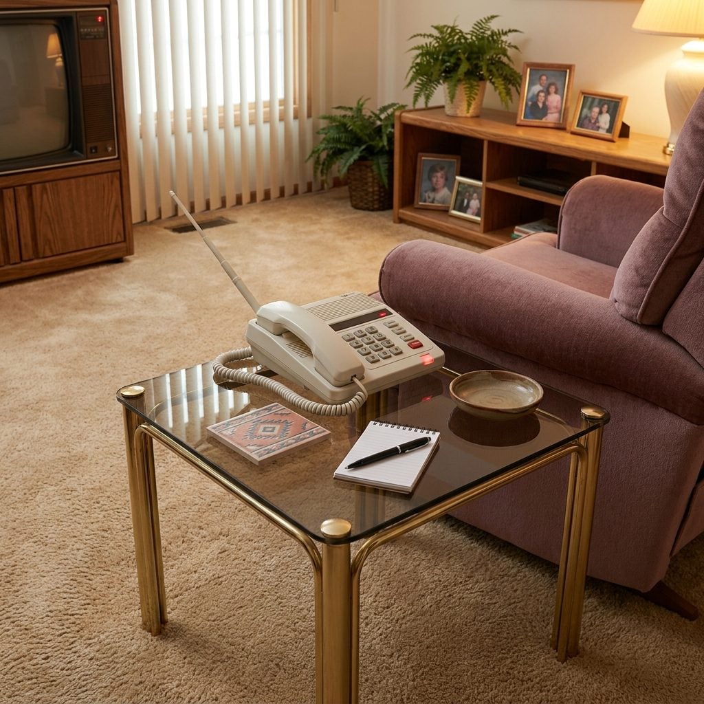 A Cordless Phone the Size of a Brick Parked on the End Table