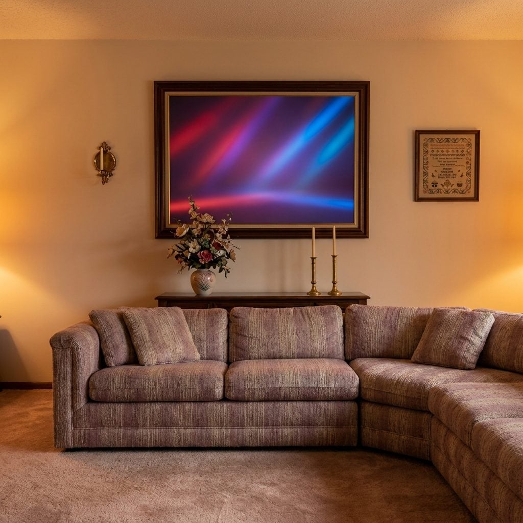 Laser-Background Family Portraits Hanging with Authority Above the Couch