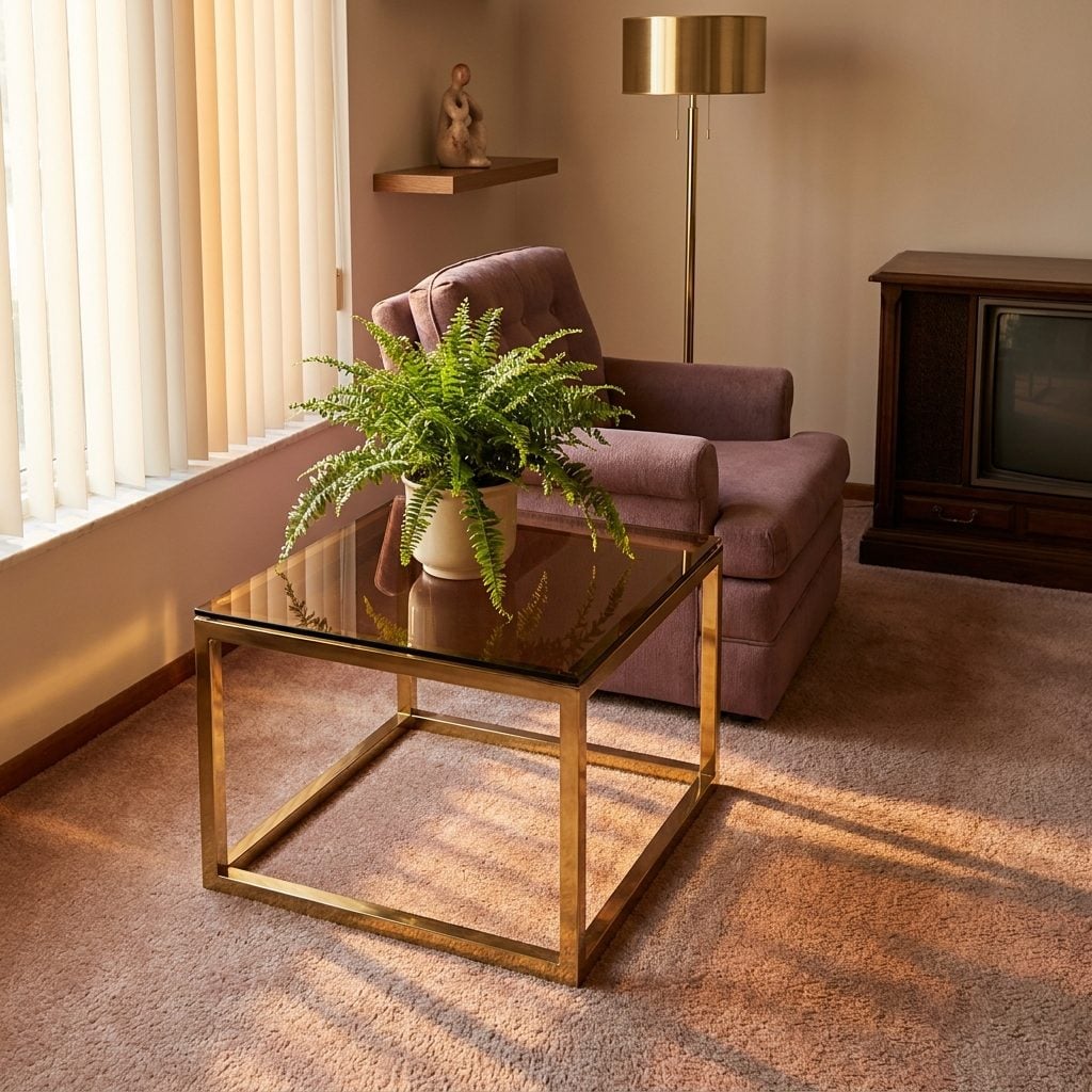 The Smoked-Glass End Table Holding Exactly One Fern