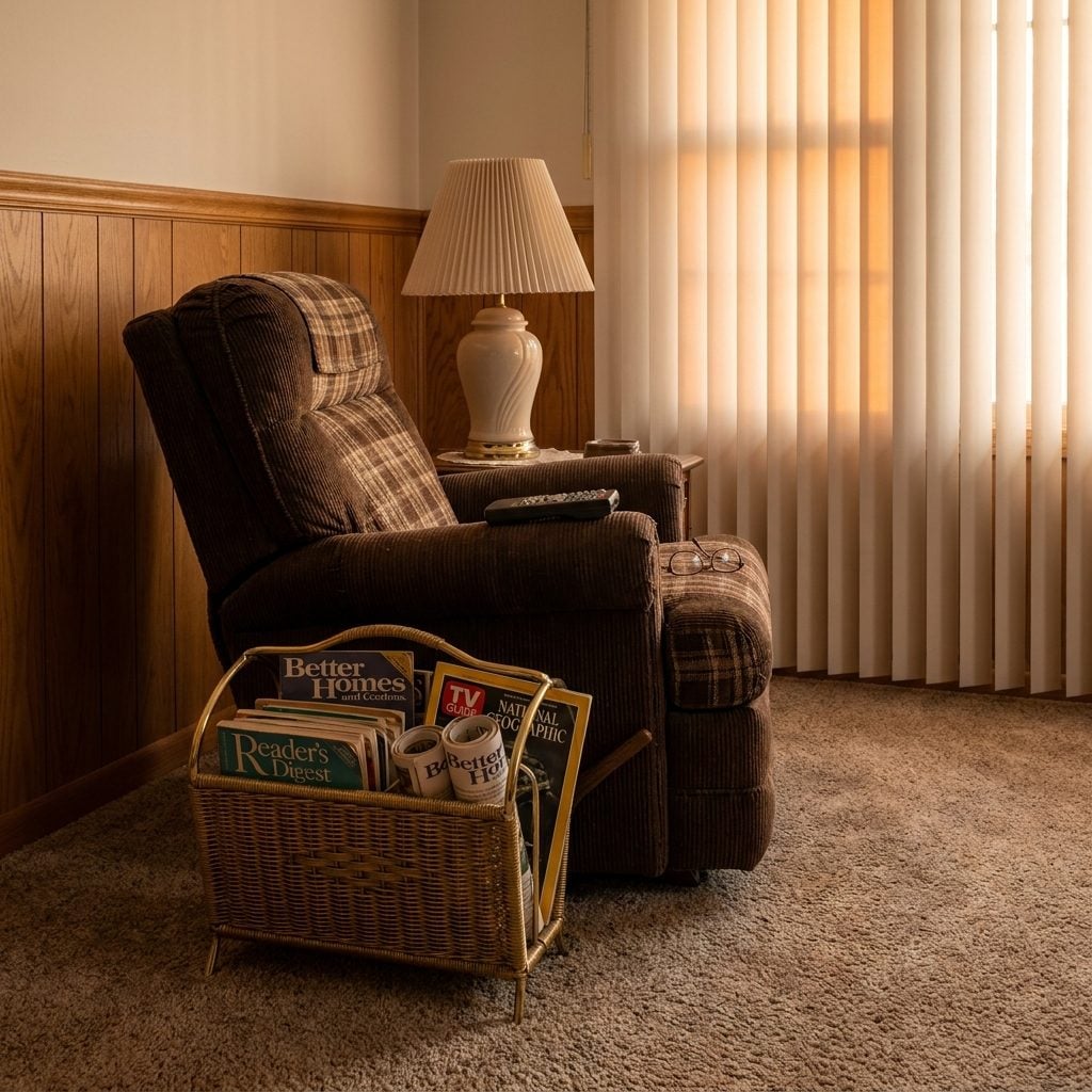 The Woven Magazine Rack Stuffed to Bursting with Reader's Digest and Better Homes & Gardens