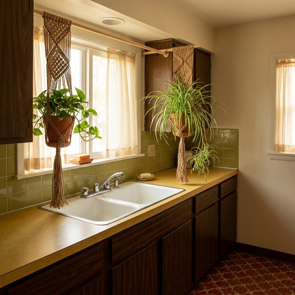 Macramé Plant Hangers Dangling Directly Over the Sink, Always Dripping