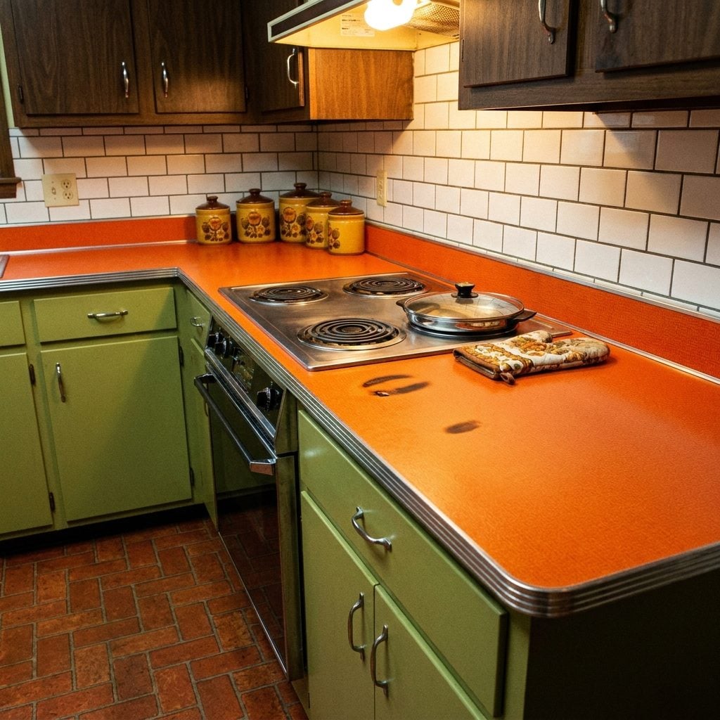 Blinding Orange Laminate Countertops With at Least Two Permanent Burn Marks From Someone's Cigarette