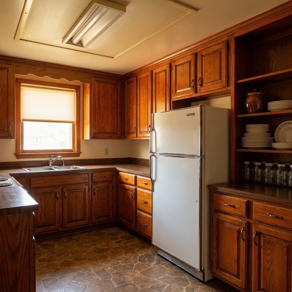 Dark Wood Cabinets Glazed in So Much Orange Varnish You Could See Your Reflection