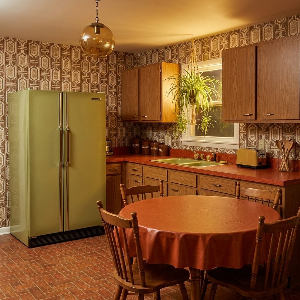Avocado Green Refrigerator, Burnt Orange Countertops, No Notes