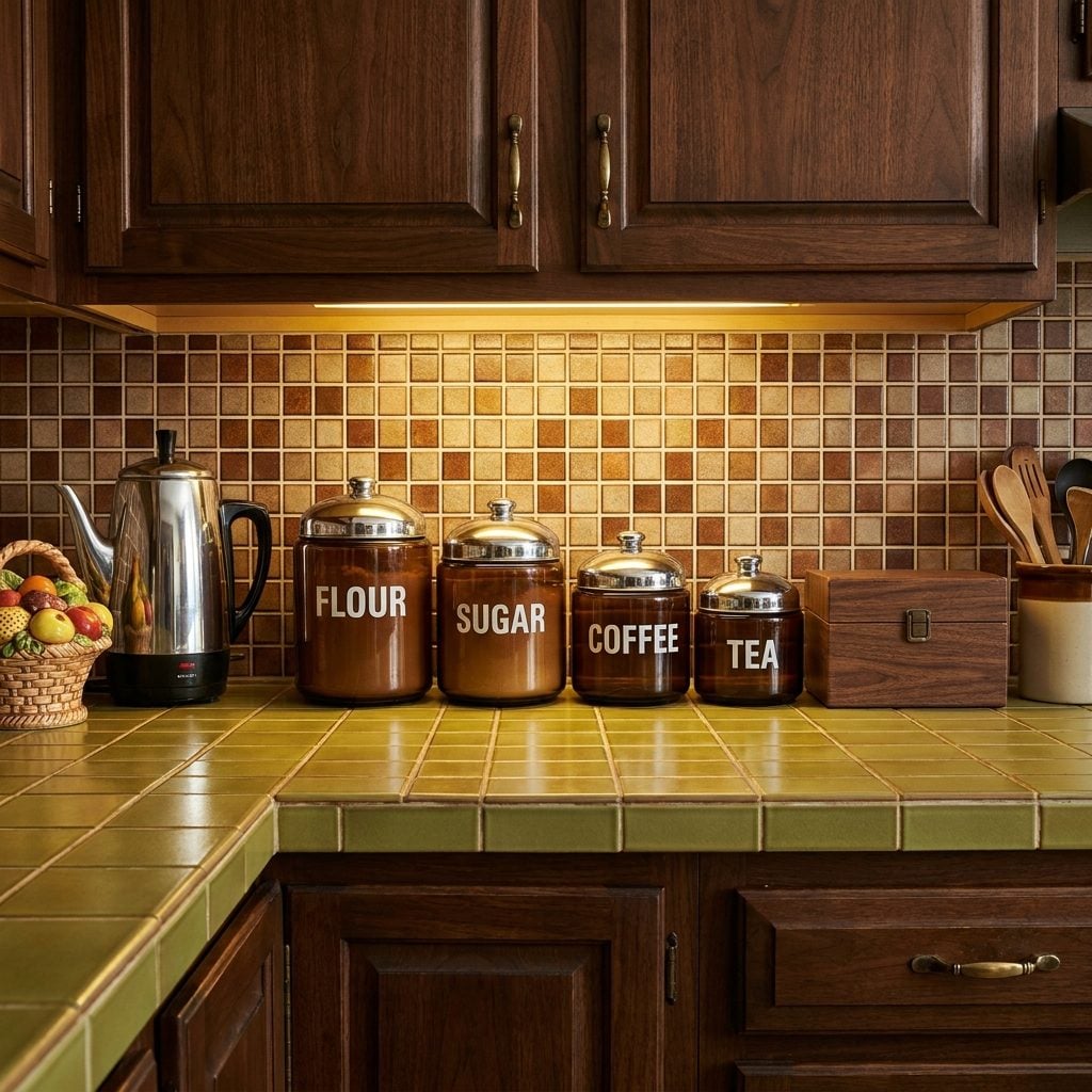 Brown Glass Canisters That Announced FLOUR, SUGAR, COFFEE Like They Were Broadcasting It