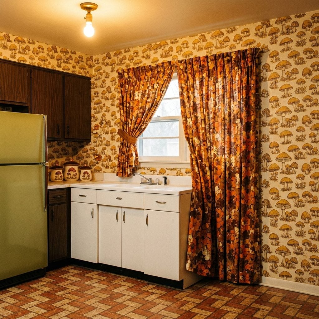 Mushroom-Print Wallpaper That Somehow Clashed With AND Matched the Floral Curtains at the Same Time