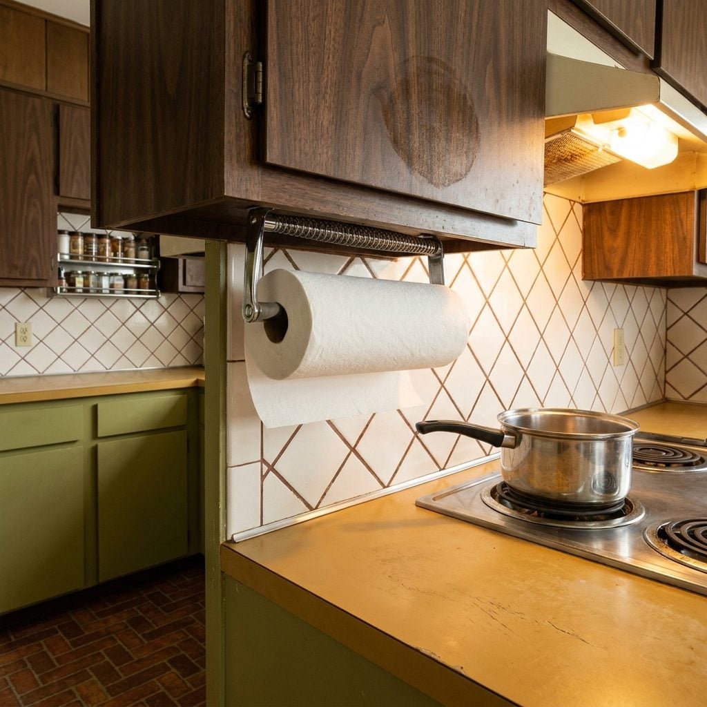 The Under-Cabinet Paper Towel Holder That Left a Perfect Grease Ring on the Wood Above It
