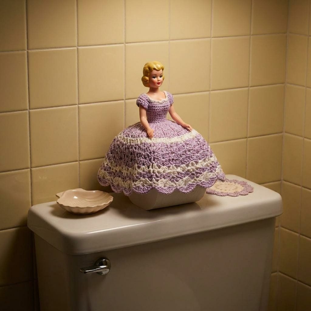 Toilet Paper Hiding Under a Crocheted Doll Like It Was Contraband