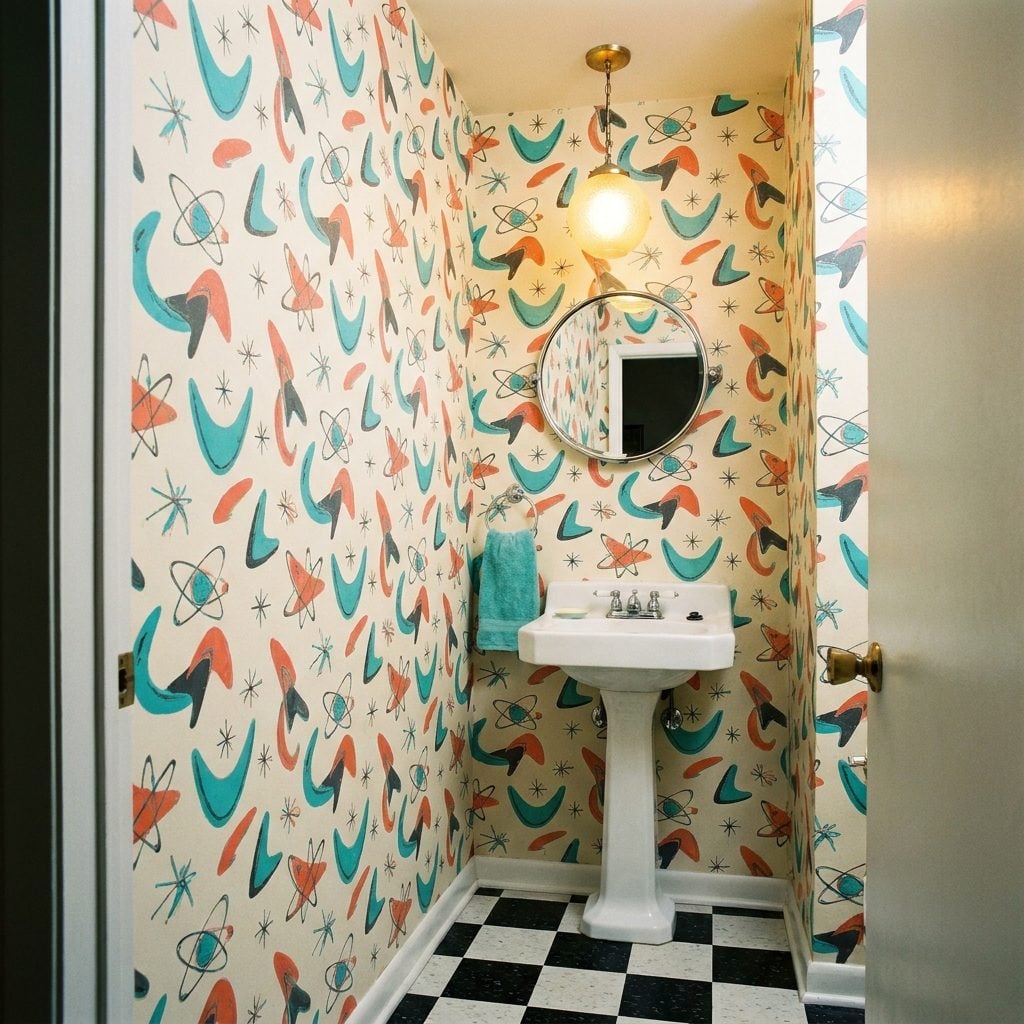 Powder Room Wallpaper Covered in Atoms, Boomerangs, and Space-Age Fever Dreams